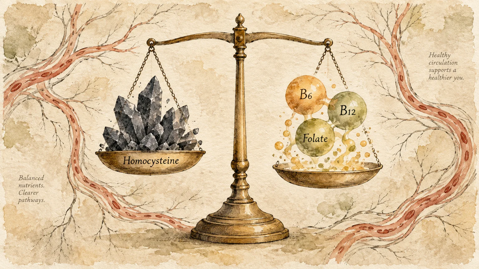 Balance scale weighing dark homocysteine crystals against spheres labeled B6, B12, and Folate, framed by blood vessels.