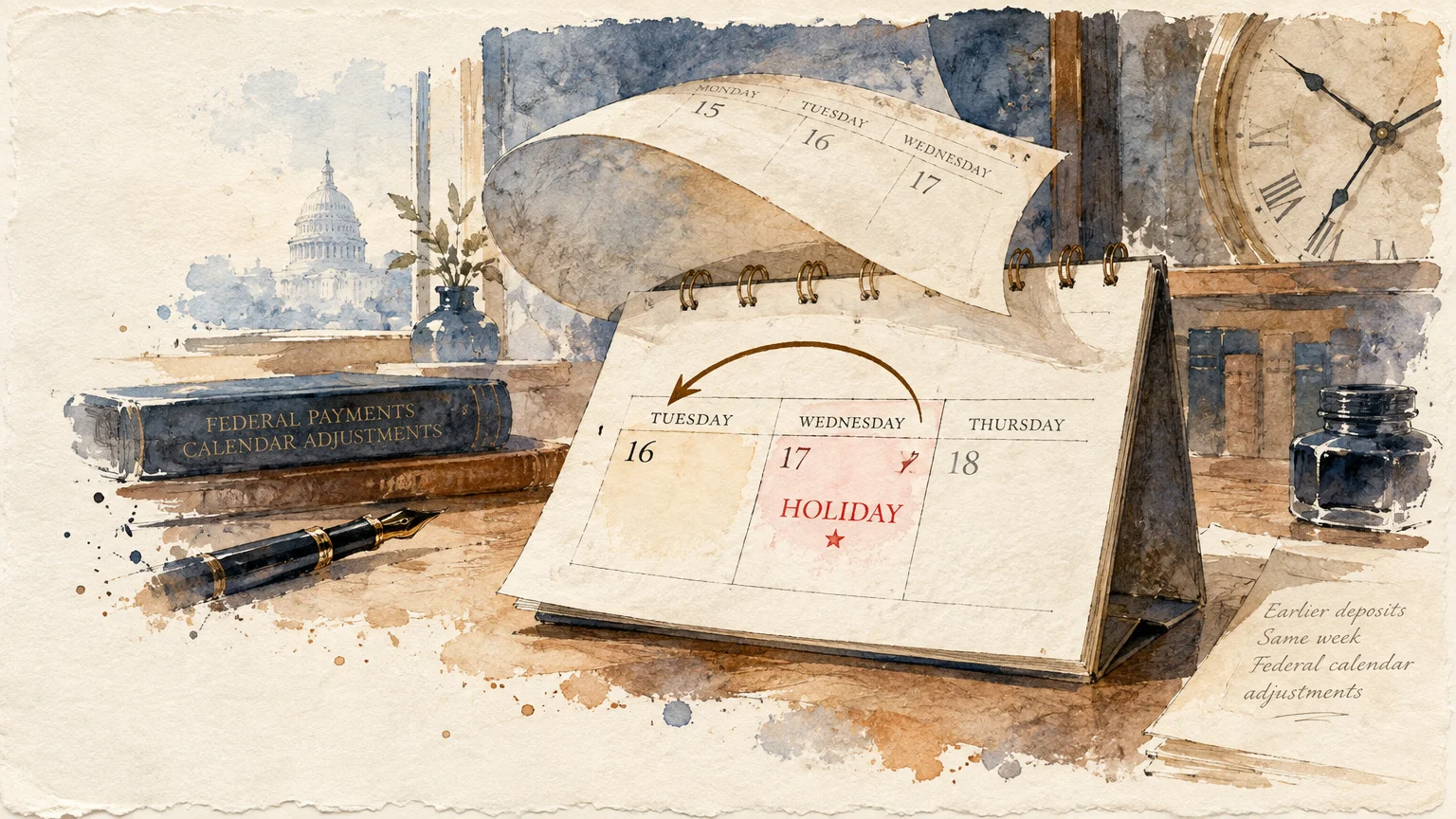 Watercolor illustration of a desk calendar with an arrow shifting a Wednesday holiday back to Tuesday, beside a pen and clock.
