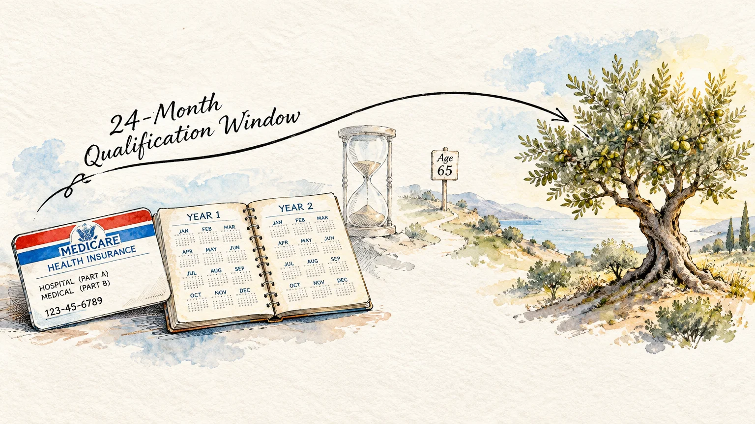 Illustration of a Medicare card, a two-year calendar, an hourglass, an Age 65 sign, and a leafy olive tree.