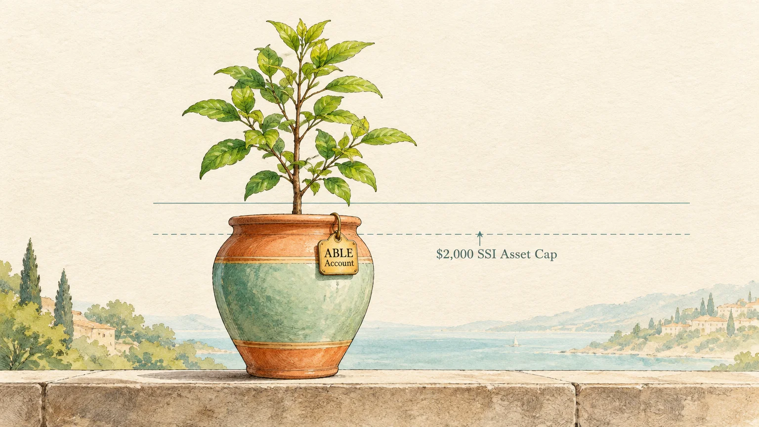 Potted plant labeled ABLE Account growing past a dashed line marked $2,000 SSI Asset Cap against a coastal landscape.