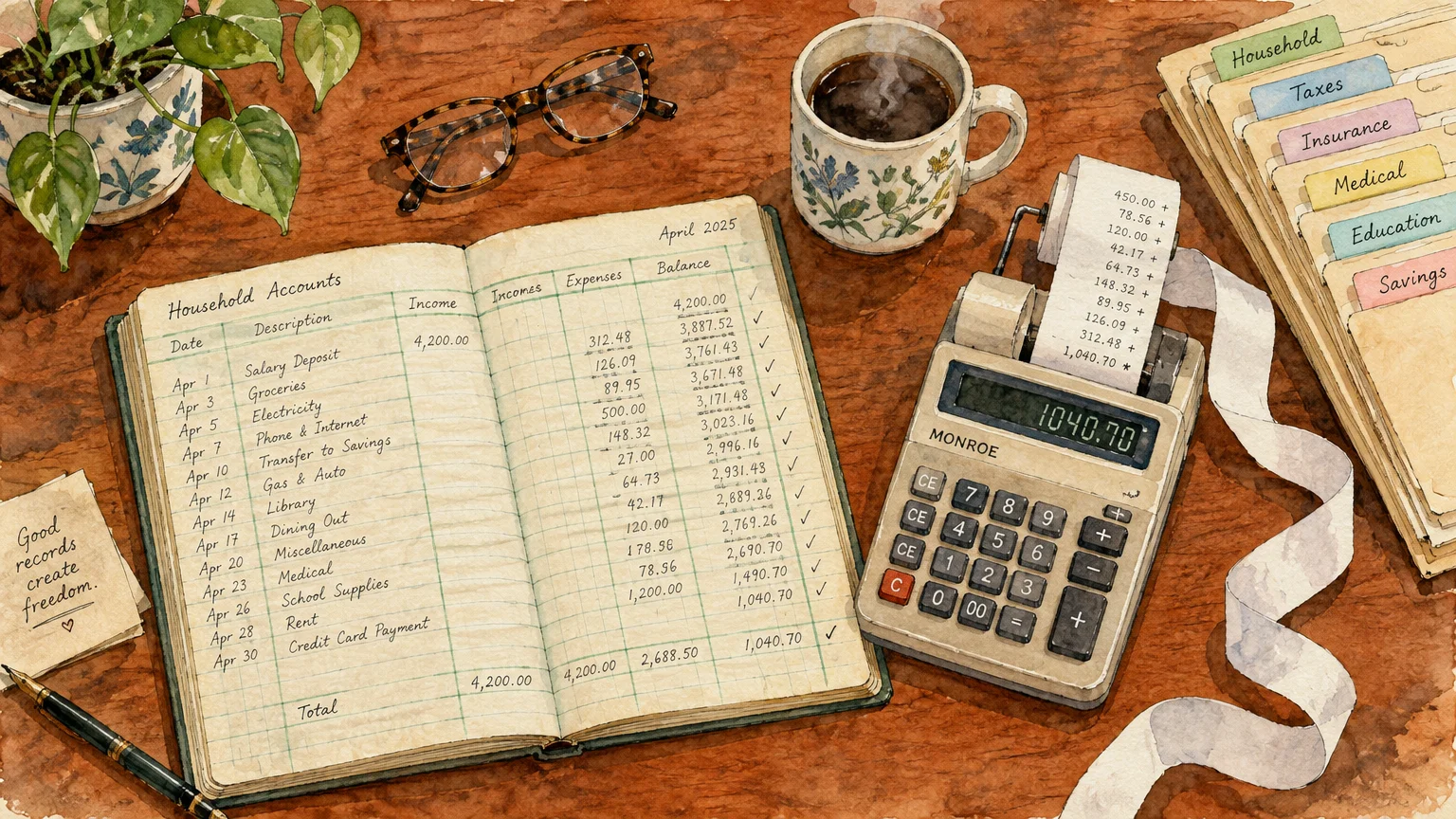 Overhead watercolor view of an accounting ledger, printing calculator, coffee mug, and organized budget folders on a desk.
