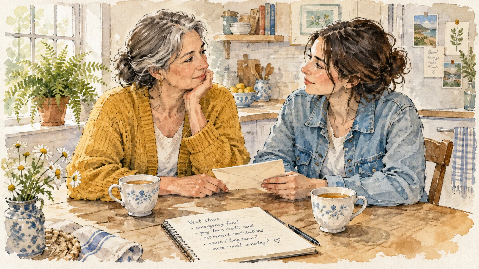 Watercolor illustration of an older woman and younger woman sitting at a kitchen table discussing a financial plan notebook.
