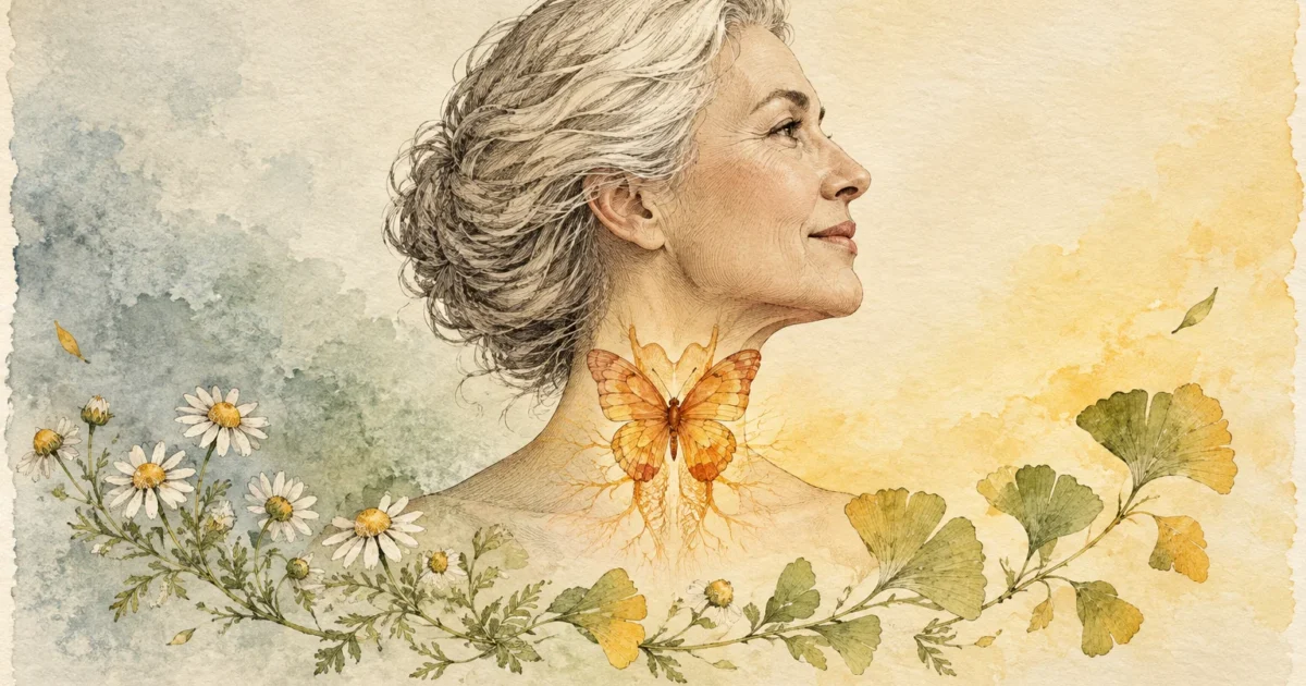 Watercolor illustration of an older woman's profile with an orange butterfly over her throat, framed by daisies and leaves.
