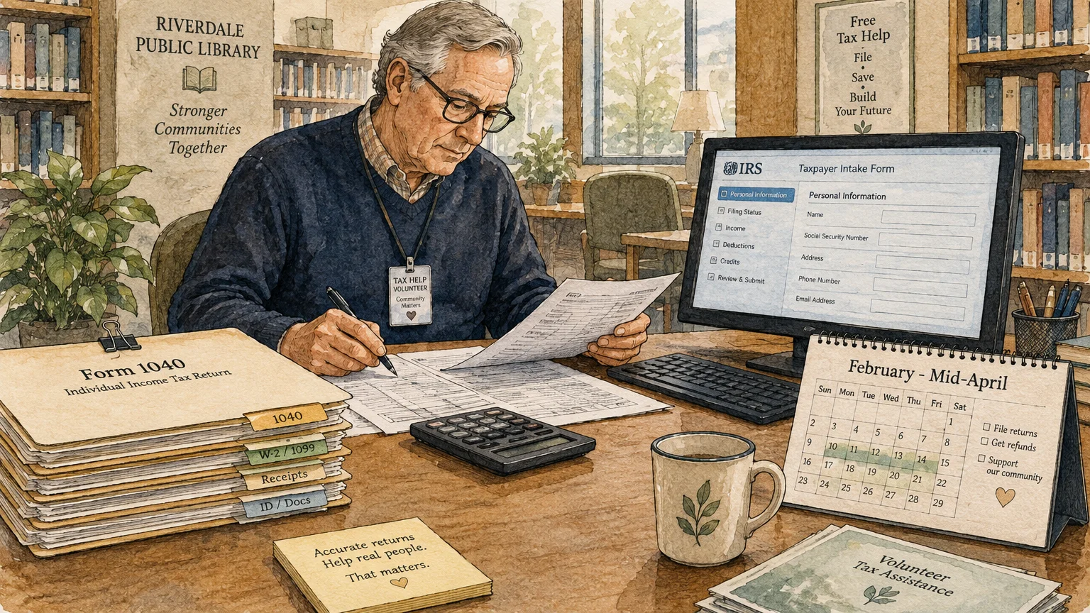 Illustration of an older volunteer reviewing tax documents at a library desk beside a computer and calendar.