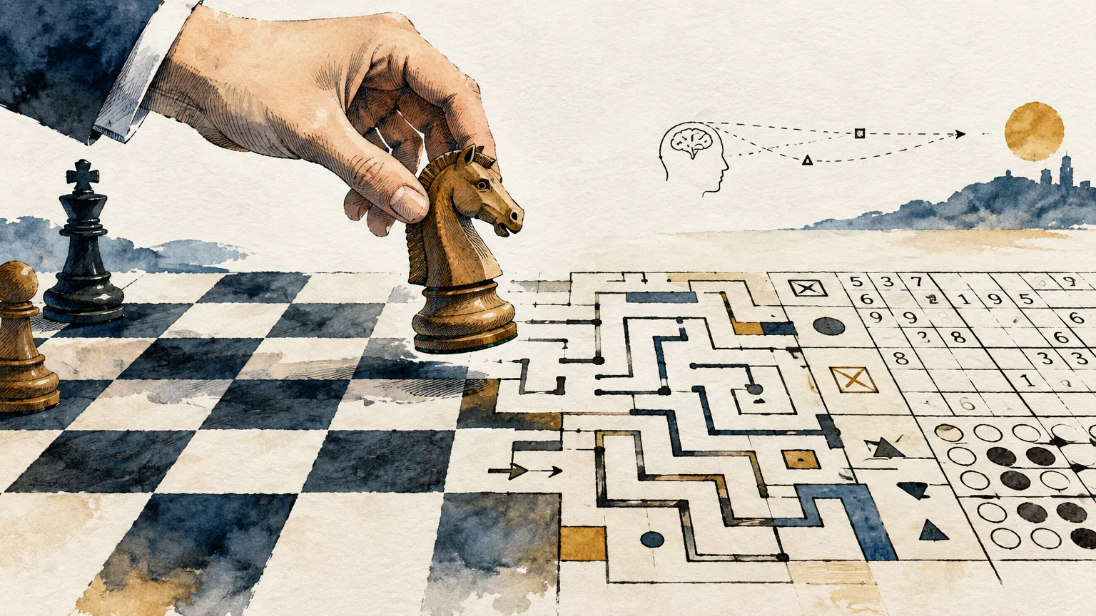 Hand moving a wooden knight on a chessboard transitioning into a labyrinth maze and Sudoku grid illustration.