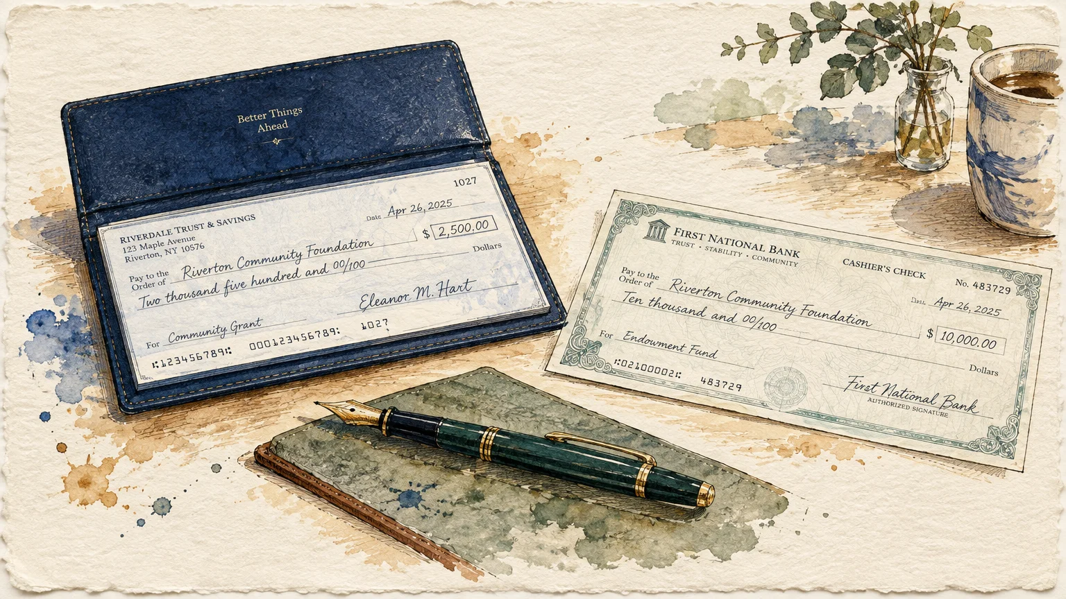 Illustration of a personal check in a blue checkbook, an official cashier's check, a fountain pen, and a coffee cup.