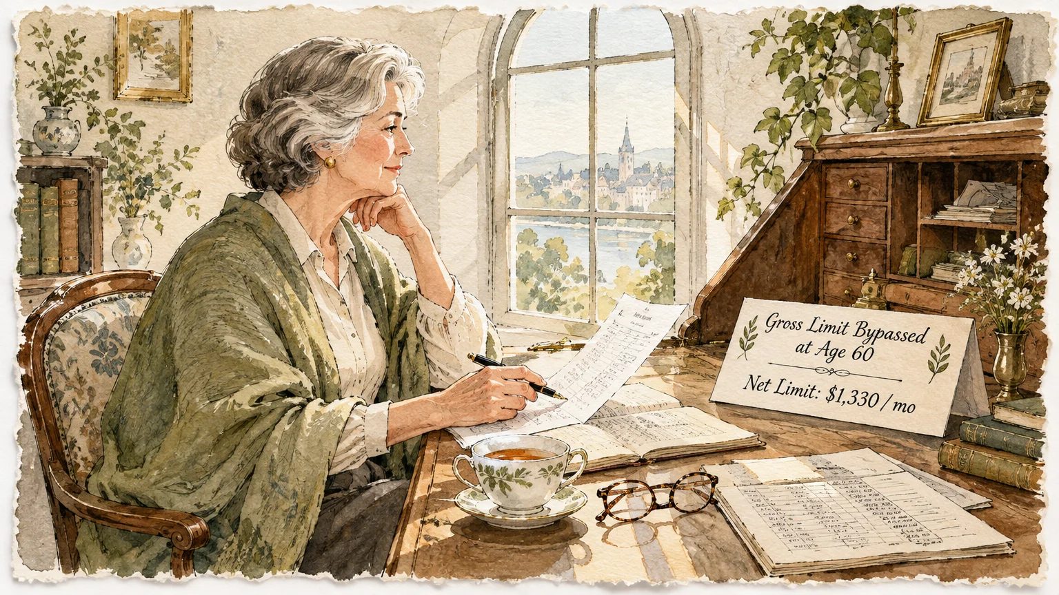 An older woman reviews papers at a wooden desk beside an arched window, near a sign detailing age 60 income limits.