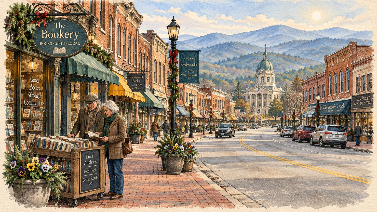 Watercolor illustration of pedestrians browsing an outdoor book cart on a historic town Main Street framed by mountains.