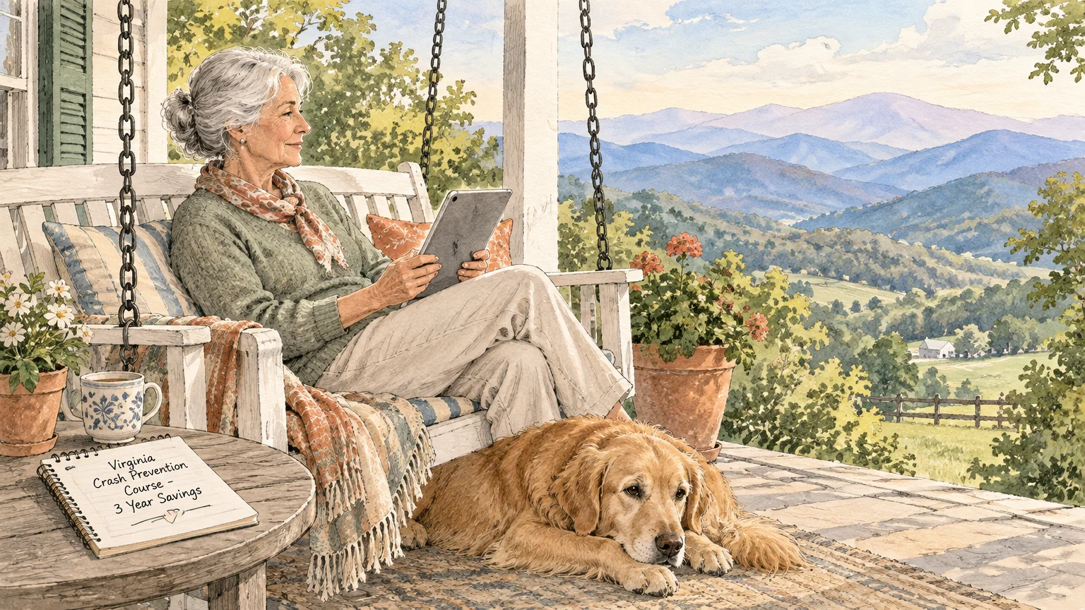 Watercolor illustration of a senior woman on a porch swing using a tablet, with a golden retriever lying beside her.