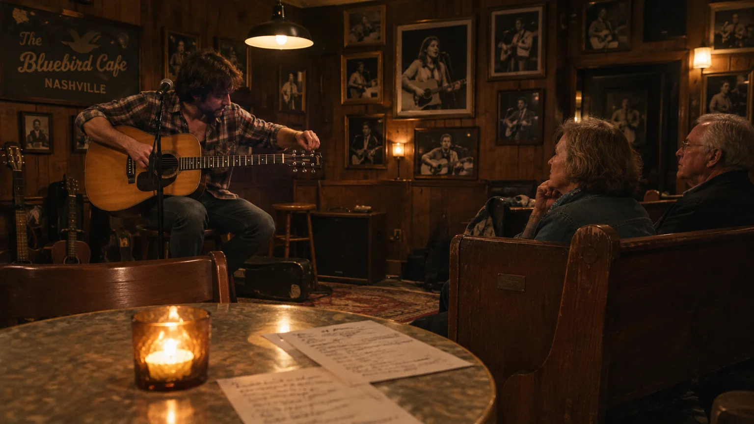 A man plays acoustic guitar on a small stage at The Bluebird Cafe as audience members watch from wooden pews.