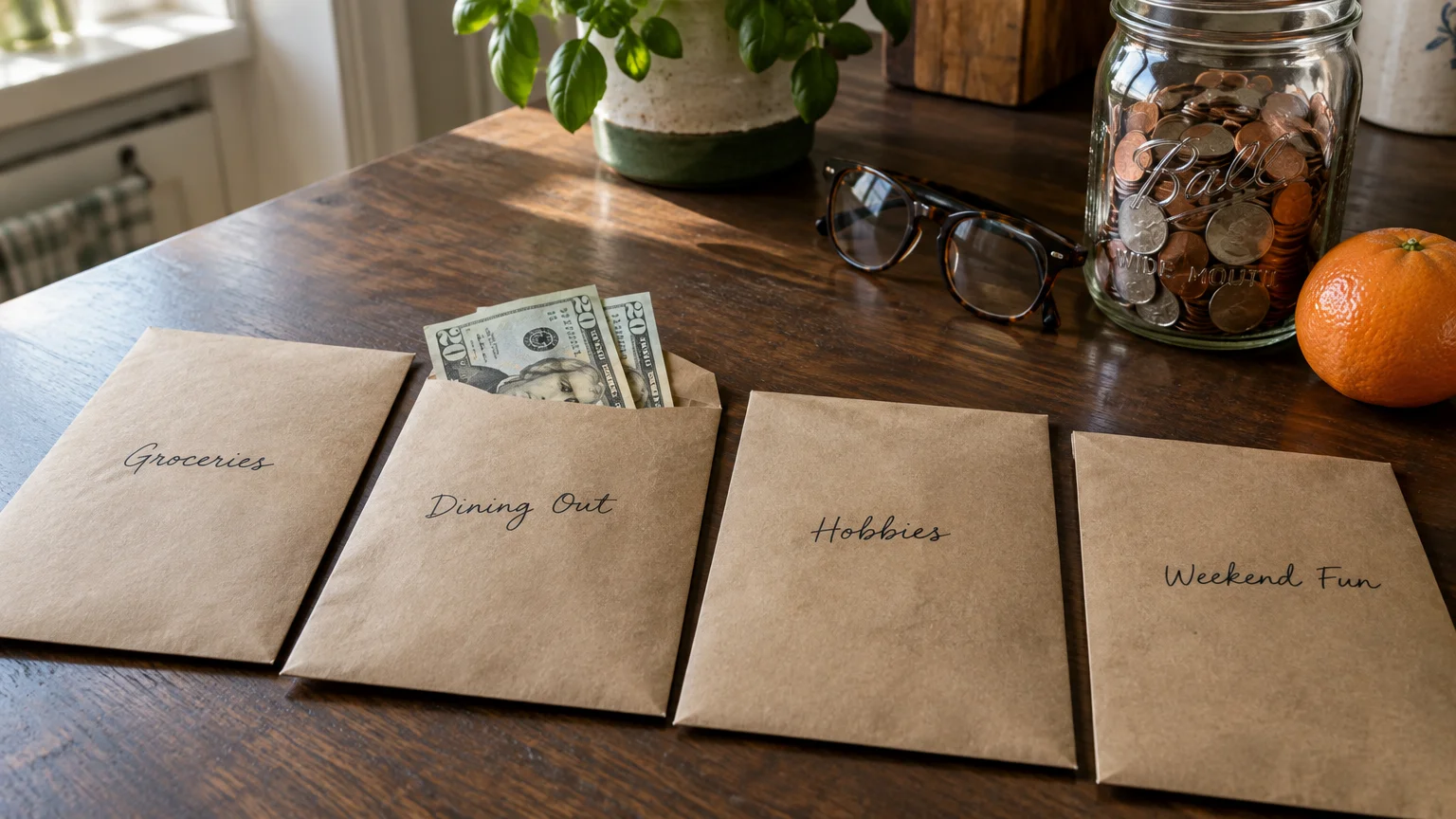 Four brown envelopes labeled Groceries, Dining Out, Hobbies, and Weekend Fun sit near a coin jar on a wooden desk.