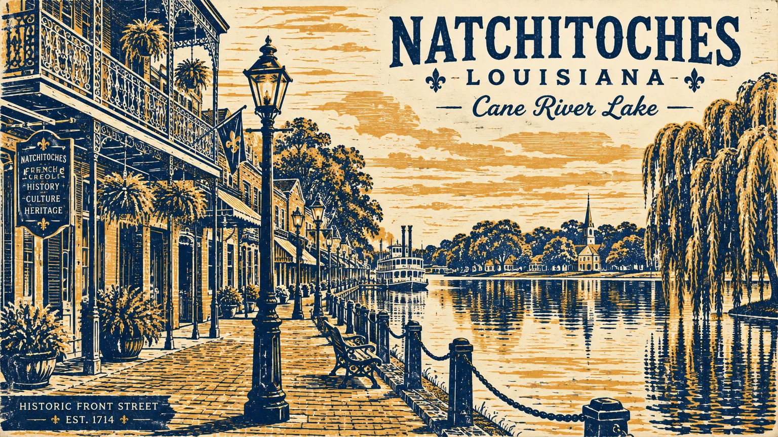 Vintage two-tone illustration of Natchitoches, Louisiana, showing Historic Front Street, Cane River Lake, and a riverboat.