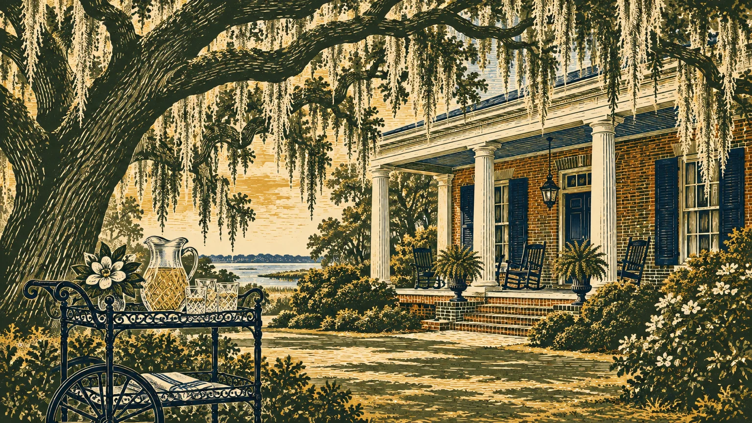 Illustration of a brick Southern porch under moss-draped live oak trees with a drink cart in the foreground.