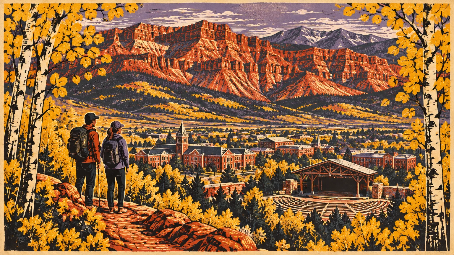 Illustration of two hikers overlooking a valley town, an outdoor amphitheater, and massive red rock mountains in autumn.