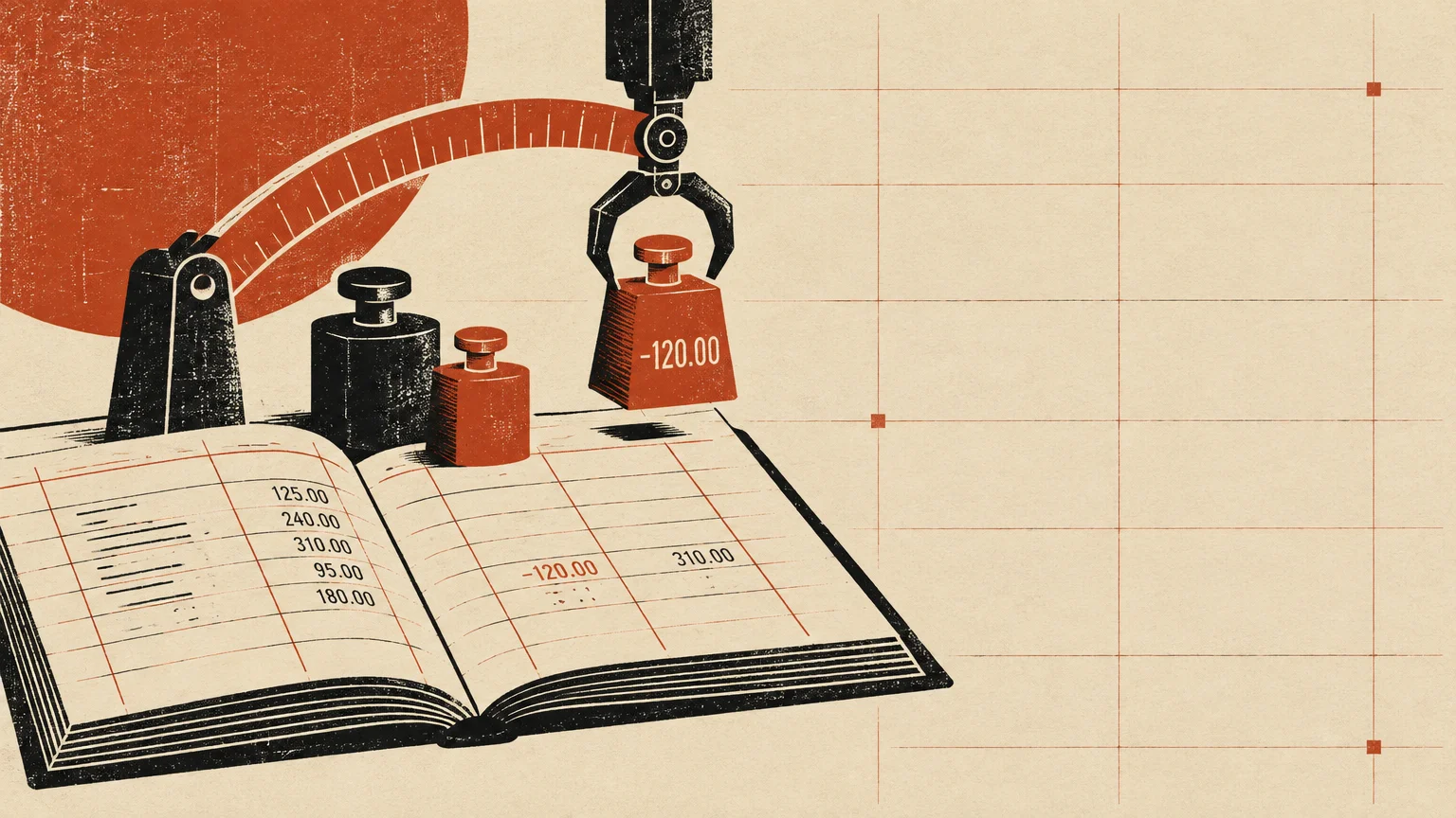 Illustration of a mechanical arm lifting a calibration weight over an open ledger book.