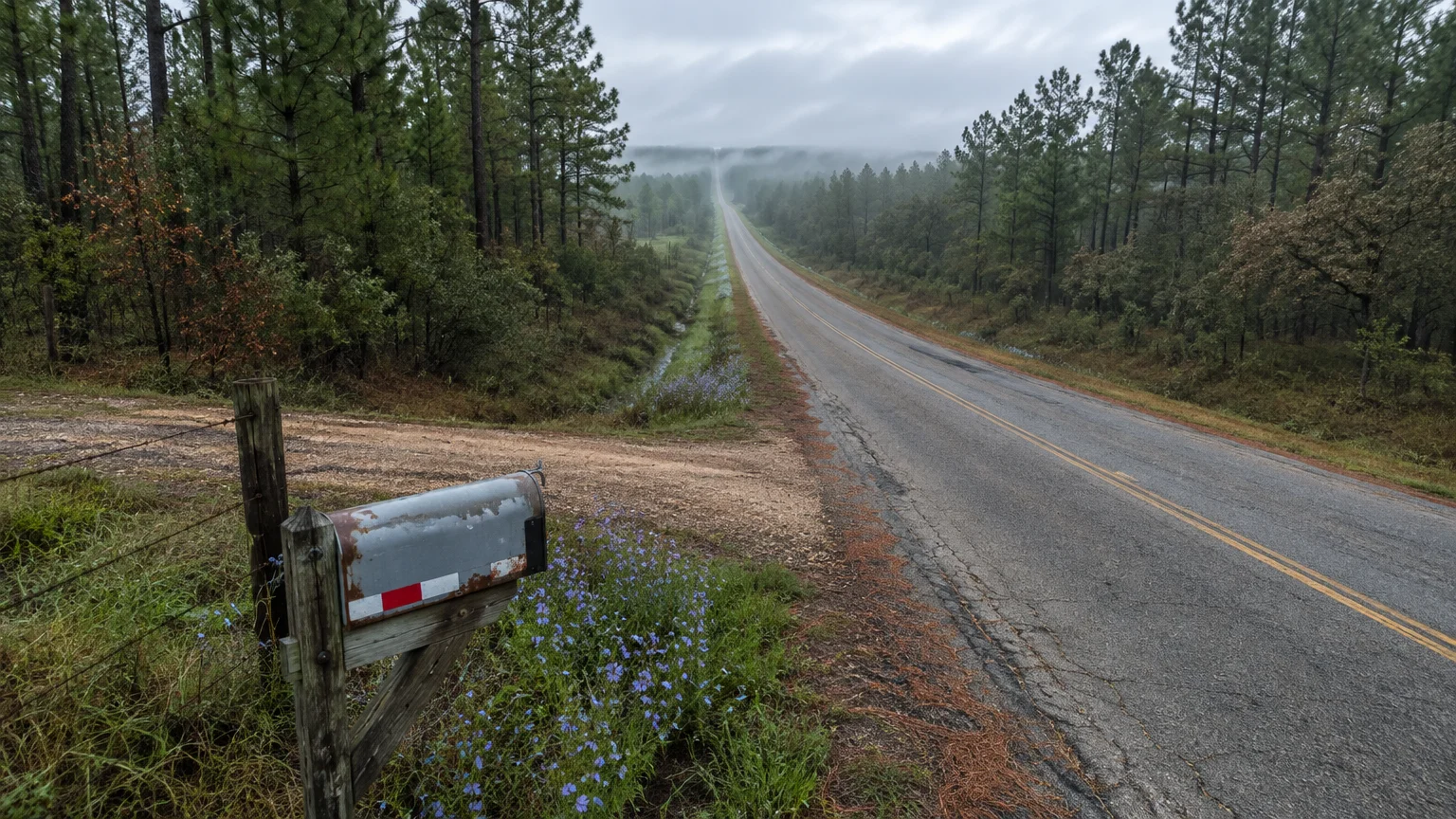 Weathered mailbox by a dirt driveway beside an empty two-lane highway stretching through a misty pine forest.