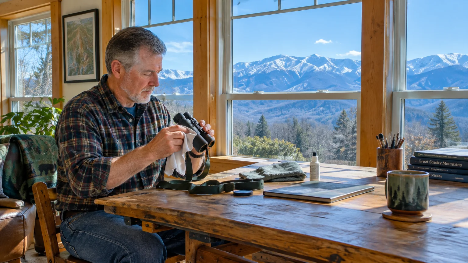 A man cleans binoculars at a wooden table in front of large windows overlooking snow-dusted mountains.