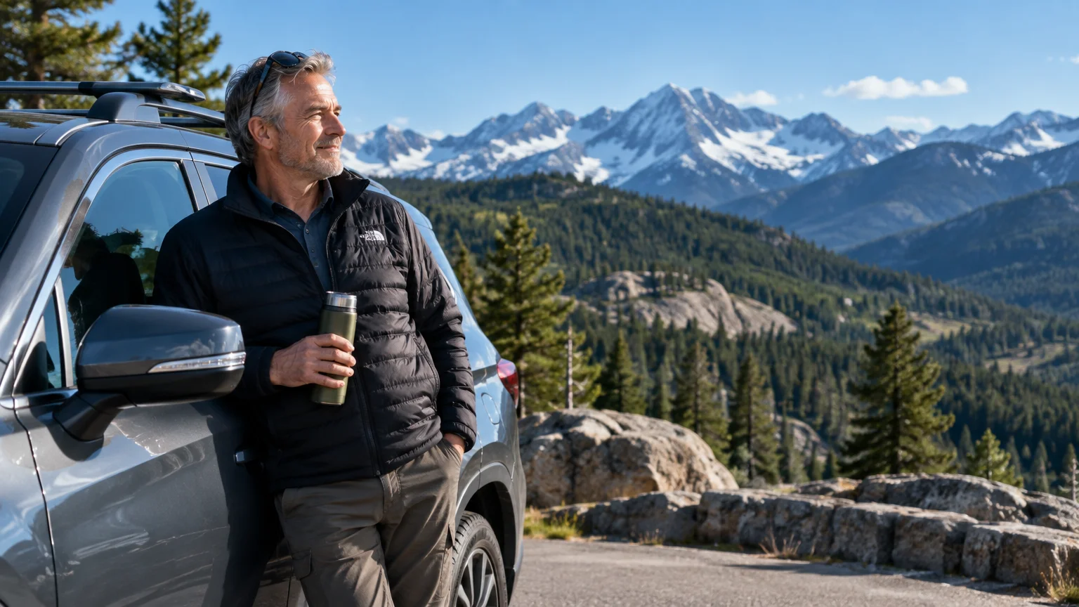 A mature man holding a travel mug leans against an SUV on a mountain road overlooking snow-dusted peaks and forests.