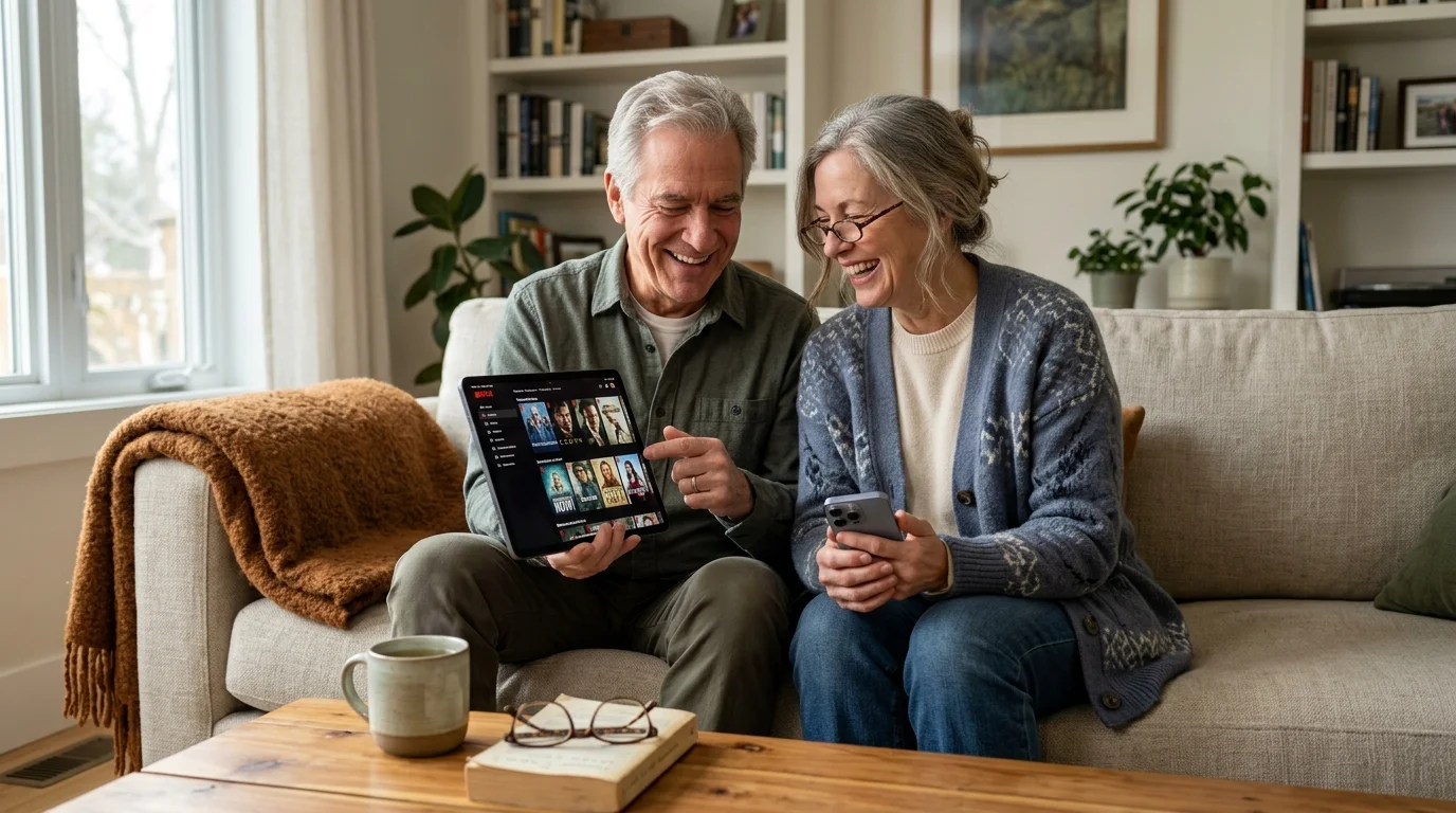 Smiling older couple sitting on a couch, looking at a digital tablet displaying movies and browsing a smartphone.