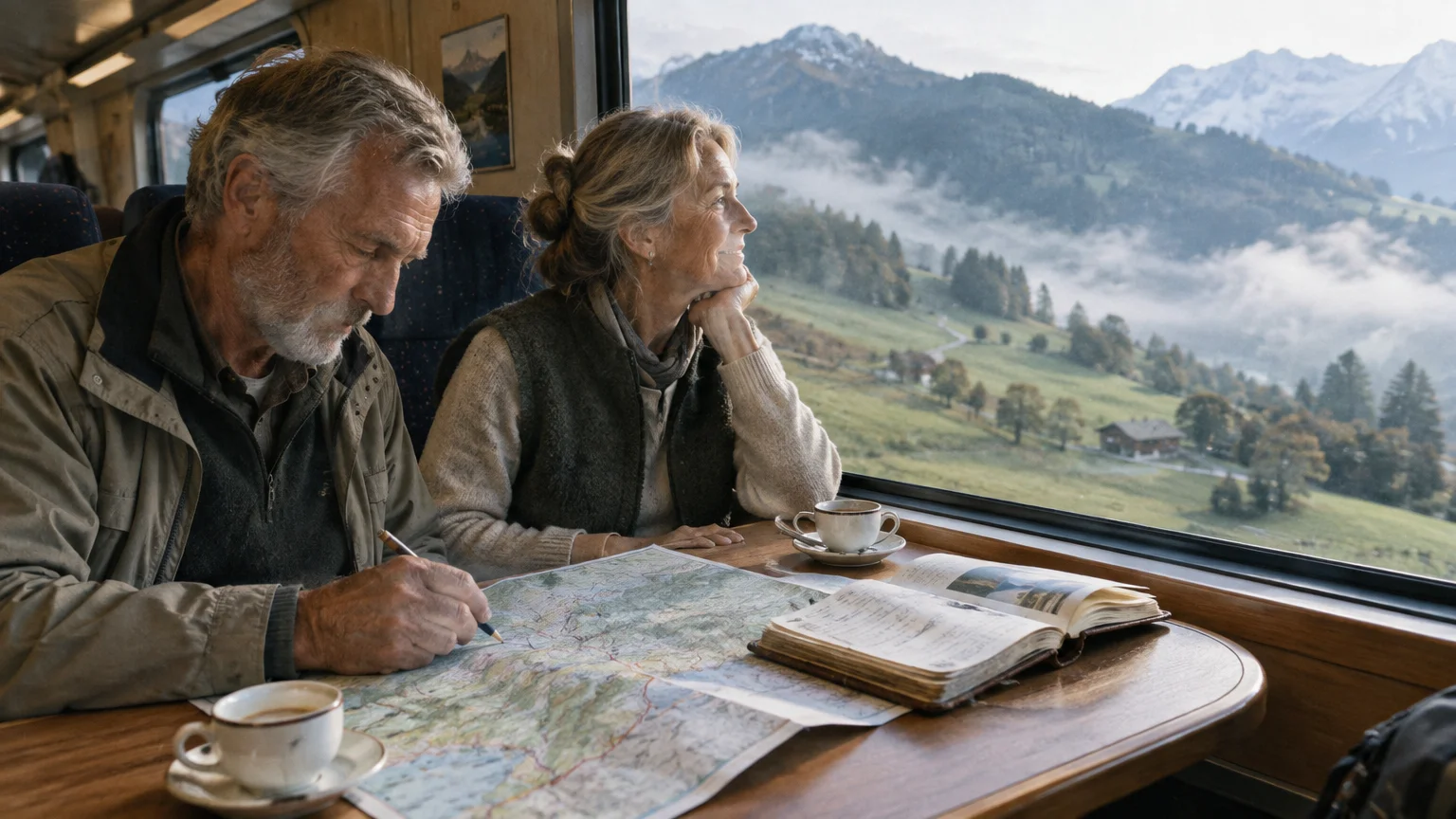 An older couple sitting at a train table with a map, looking out a large window at misty green mountains.