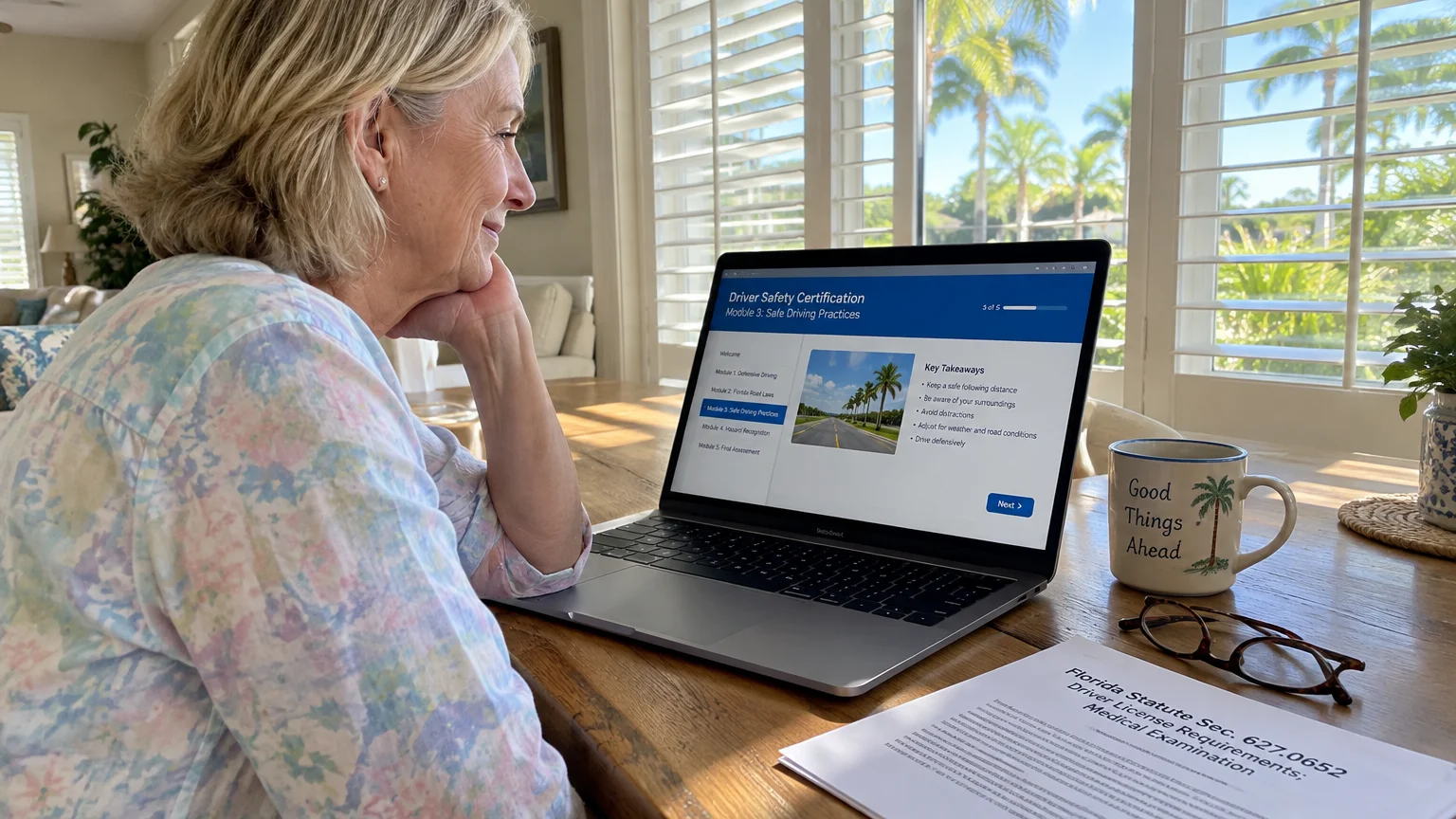 A senior woman at a wooden table completes an online driver safety certification course on a laptop next to printed papers.