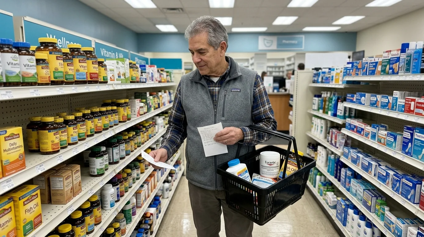 A man holding a shopping list and basket browses the vitamin aisle in a pharmacy store.