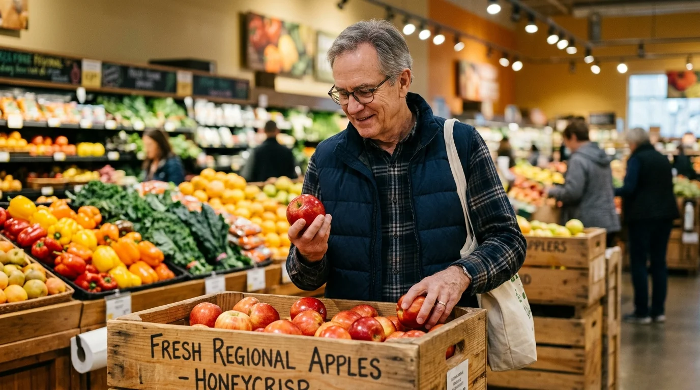 A smiling senior man with glasses inspects a red apple over a wooden crate in a well-lit grocery store produce section.