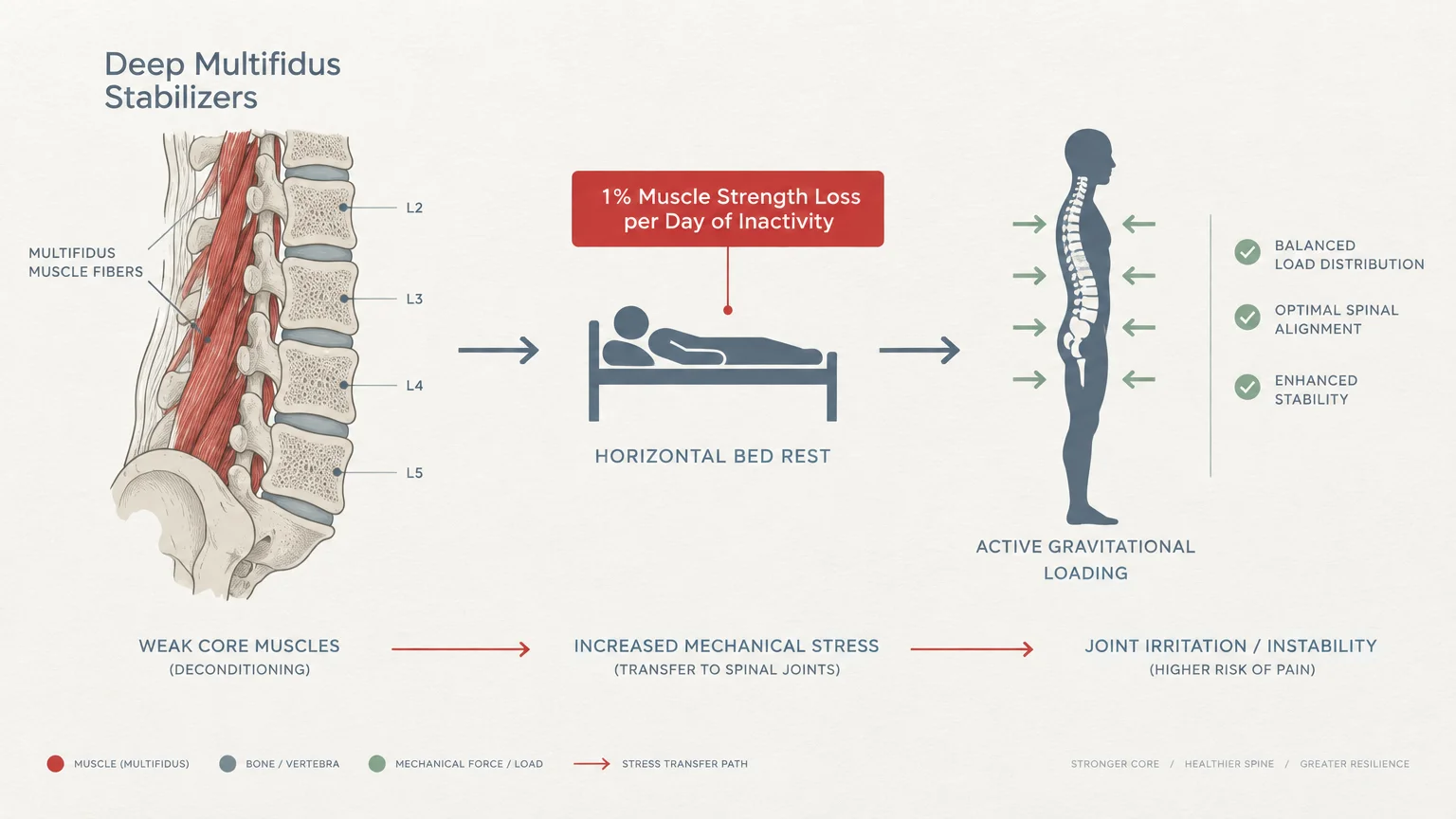 Medical diagram showing spinal anatomy, bed rest causing 1% daily strength loss, and upright gravitational alignment.