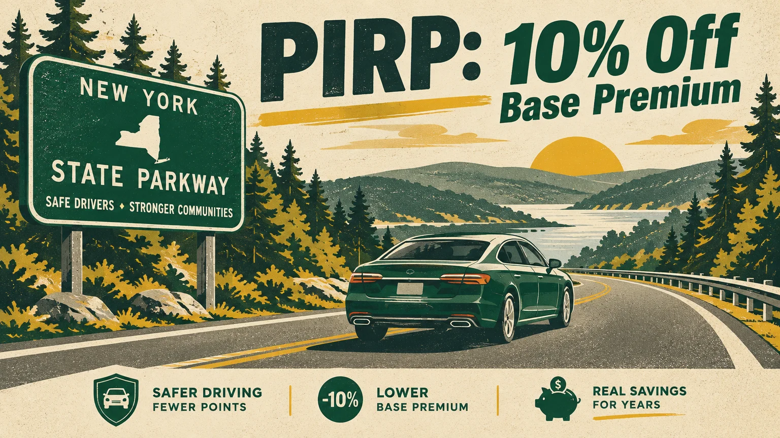 Green sedan driving on a scenic parkway past a New York sign with text promoting a 10% PIRP discount.
