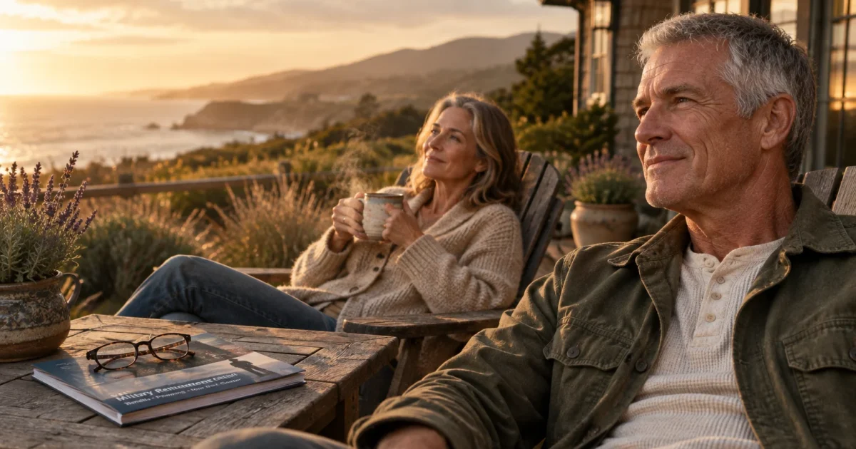A mature couple relaxes in wooden patio chairs on a coastal deck overlooking the ocean at sunset.