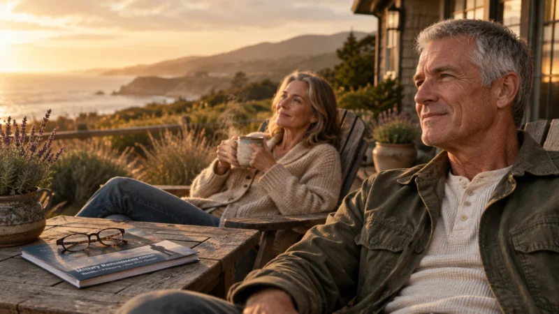 A mature couple relaxes in wooden patio chairs on a coastal deck overlooking the ocean at sunset.