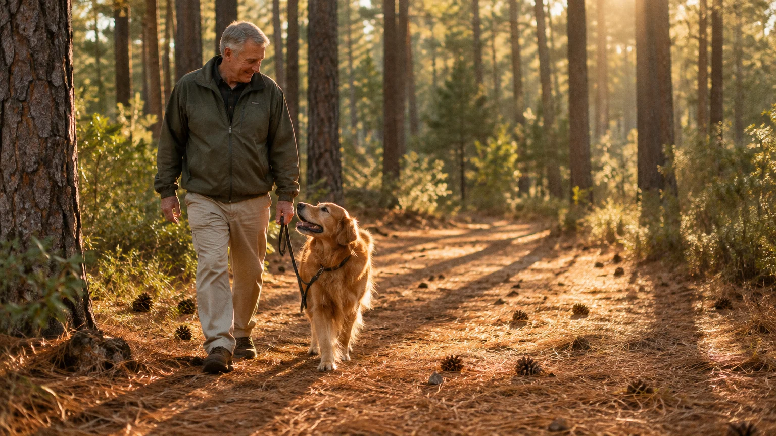 An older man walks a golden retriever on a leash along a sunlit pine forest path covered in needles and cones.
