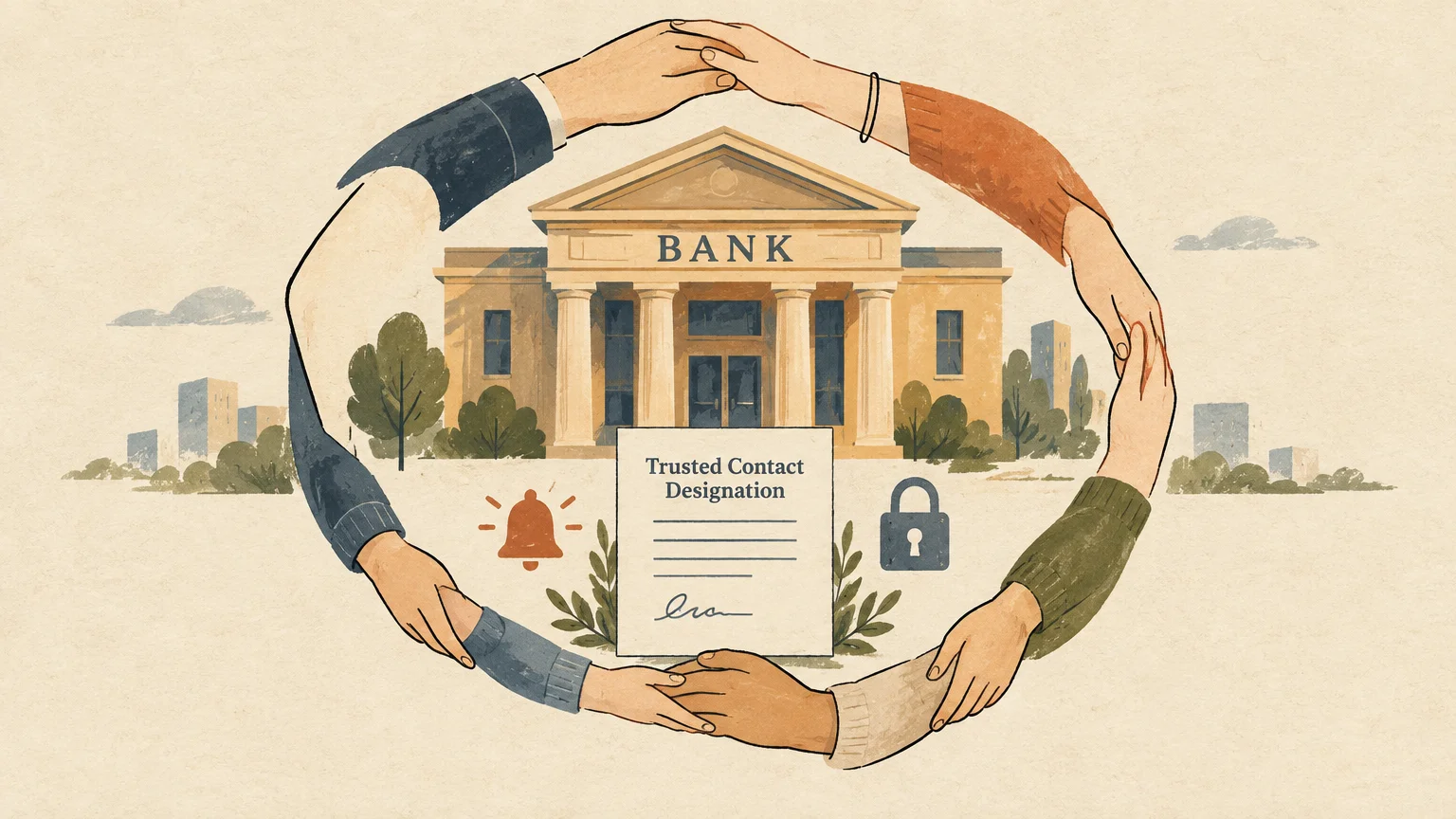 Illustration of hands forming a protective circle around a bank building and a trusted contact designation document.