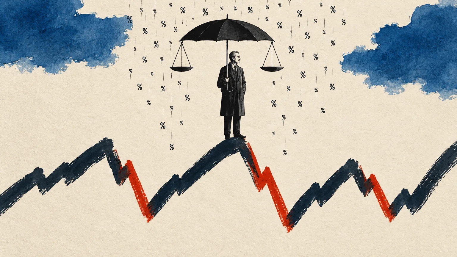 A man standing on a jagged line graph holds an umbrella with balance scales beneath a rain of percent symbols.