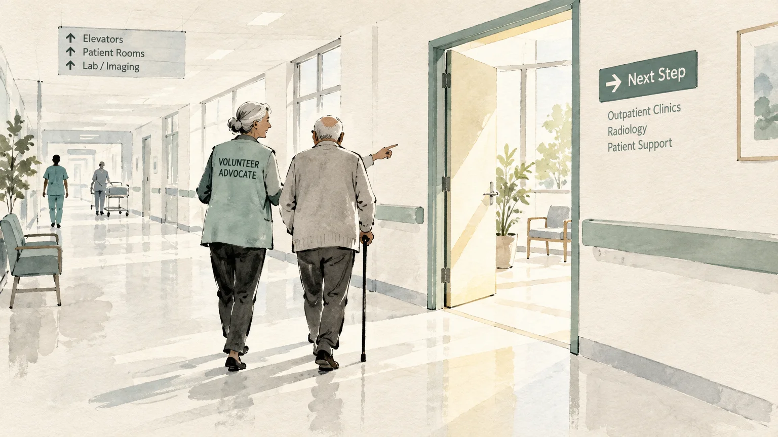 Illustration of a volunteer advocate guiding an elderly man with a cane down a hospital hallway toward a doorway.