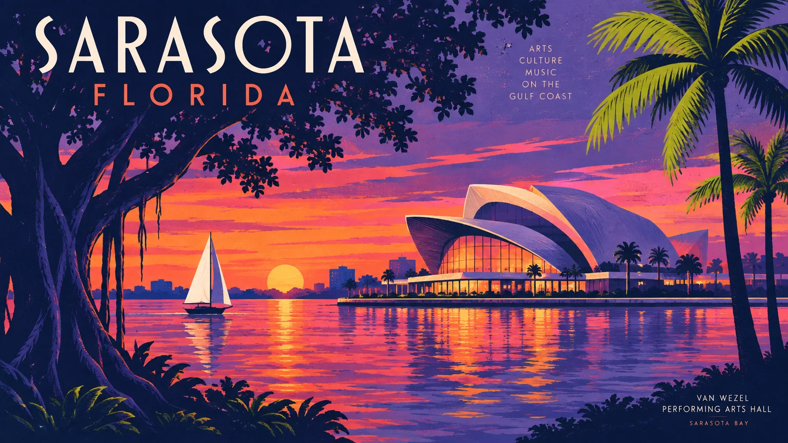 Illustrated sunset over Sarasota Bay with a sailboat, palm trees, and the Van Wezel Performing Arts Hall along the water.