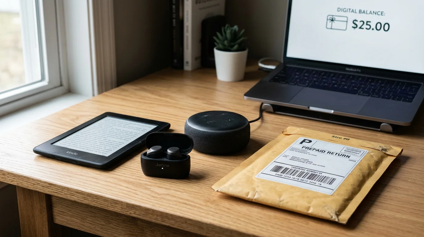 A Kindle e-reader, earbuds, Echo speaker, and prepaid return envelope sit on a wooden desk next to an open laptop.