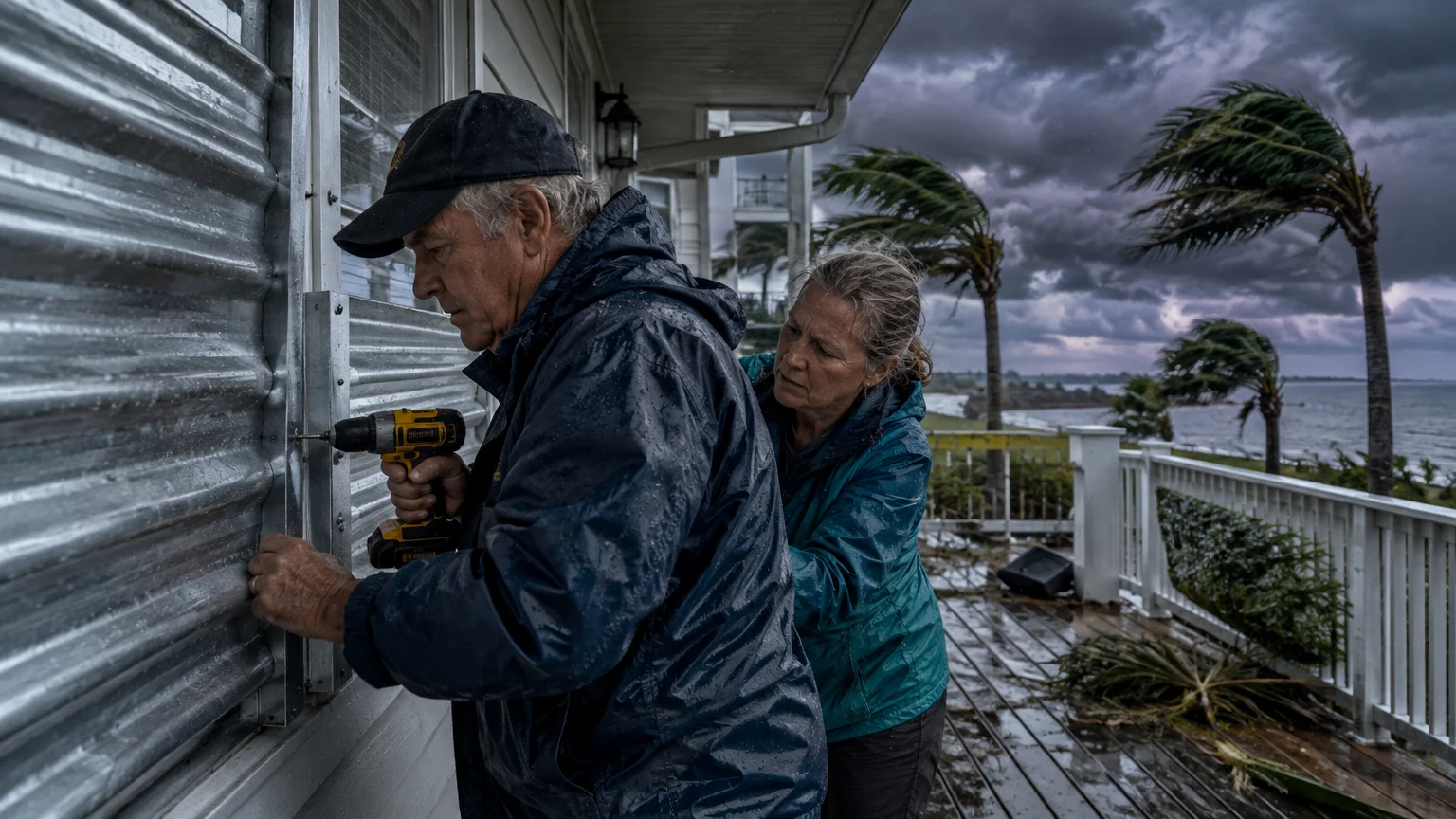 A man drills storm shutters onto a coastal porch window while a woman watches under stormy, windblown skies.