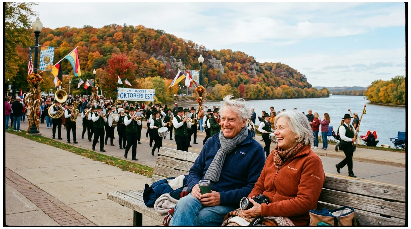 Older couple sitting on a bench smiling as a marching band parades along a riverbank lined with colorful autumn bluffs.