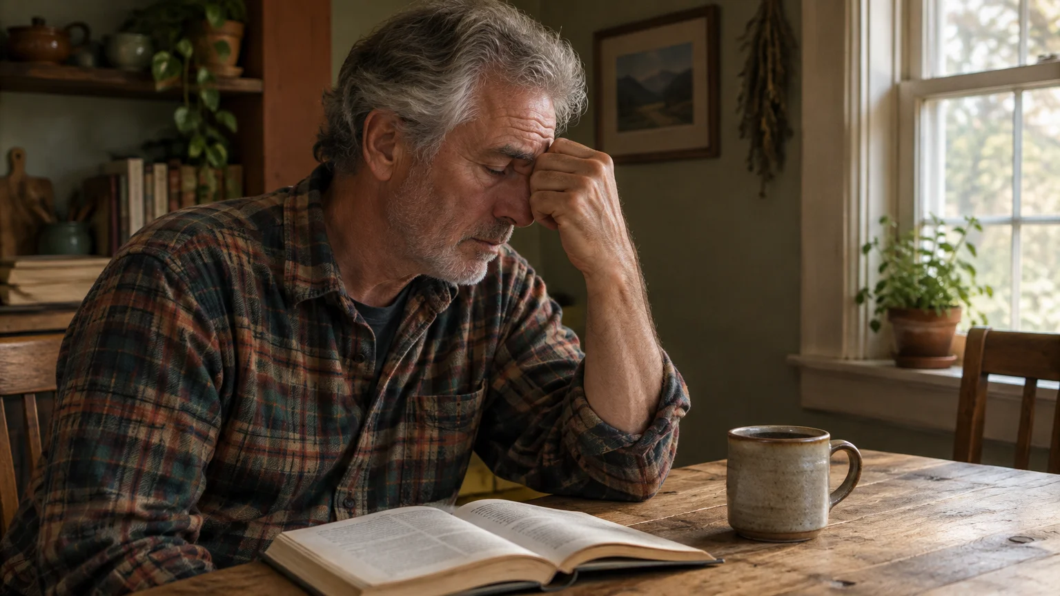 Older man sitting at a wooden table resting his forehead against his hand next to an open book and a mug.