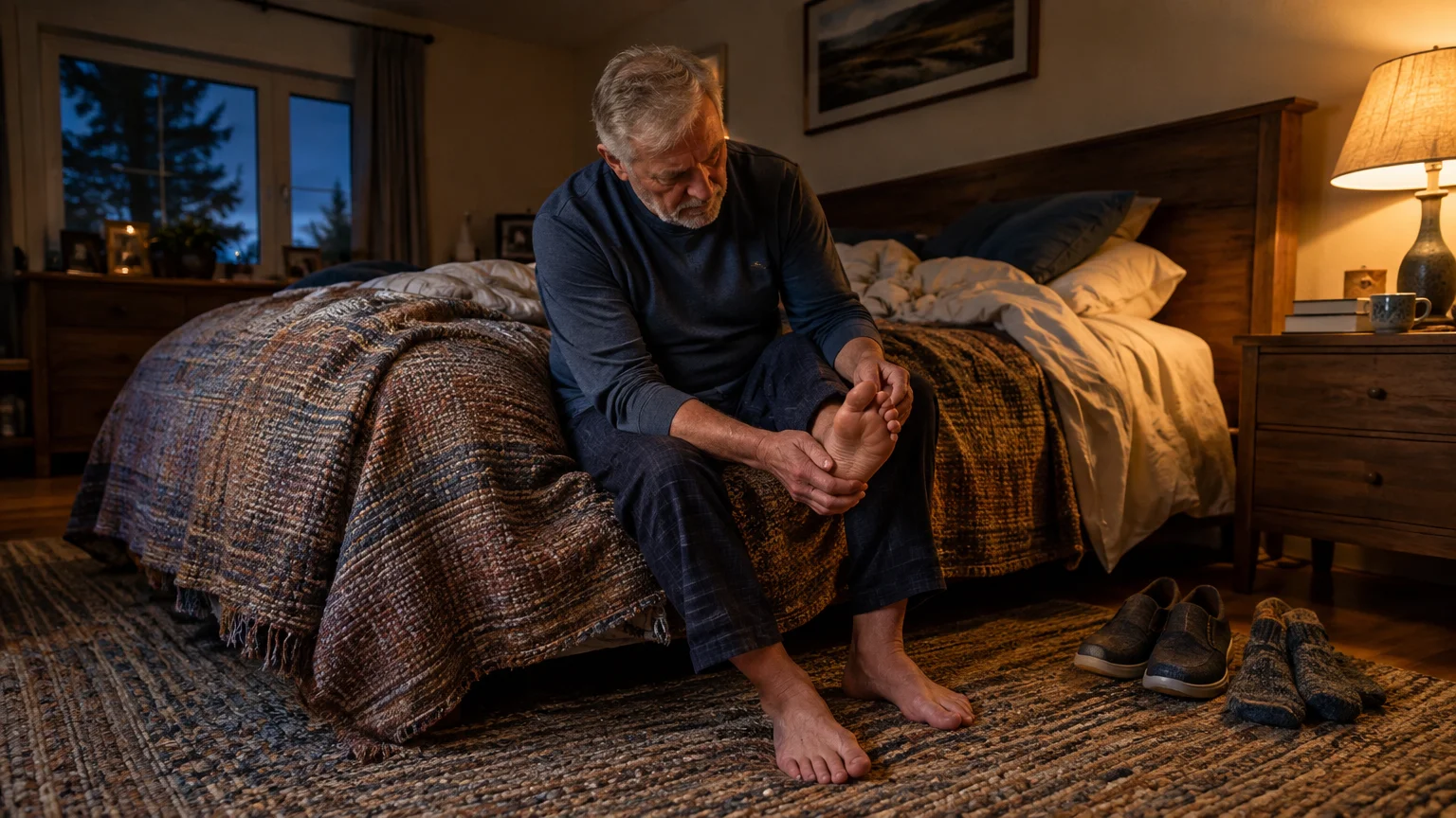 An older man sits on the edge of a bed in a dimly lit bedroom, holding and inspecting his bare foot.