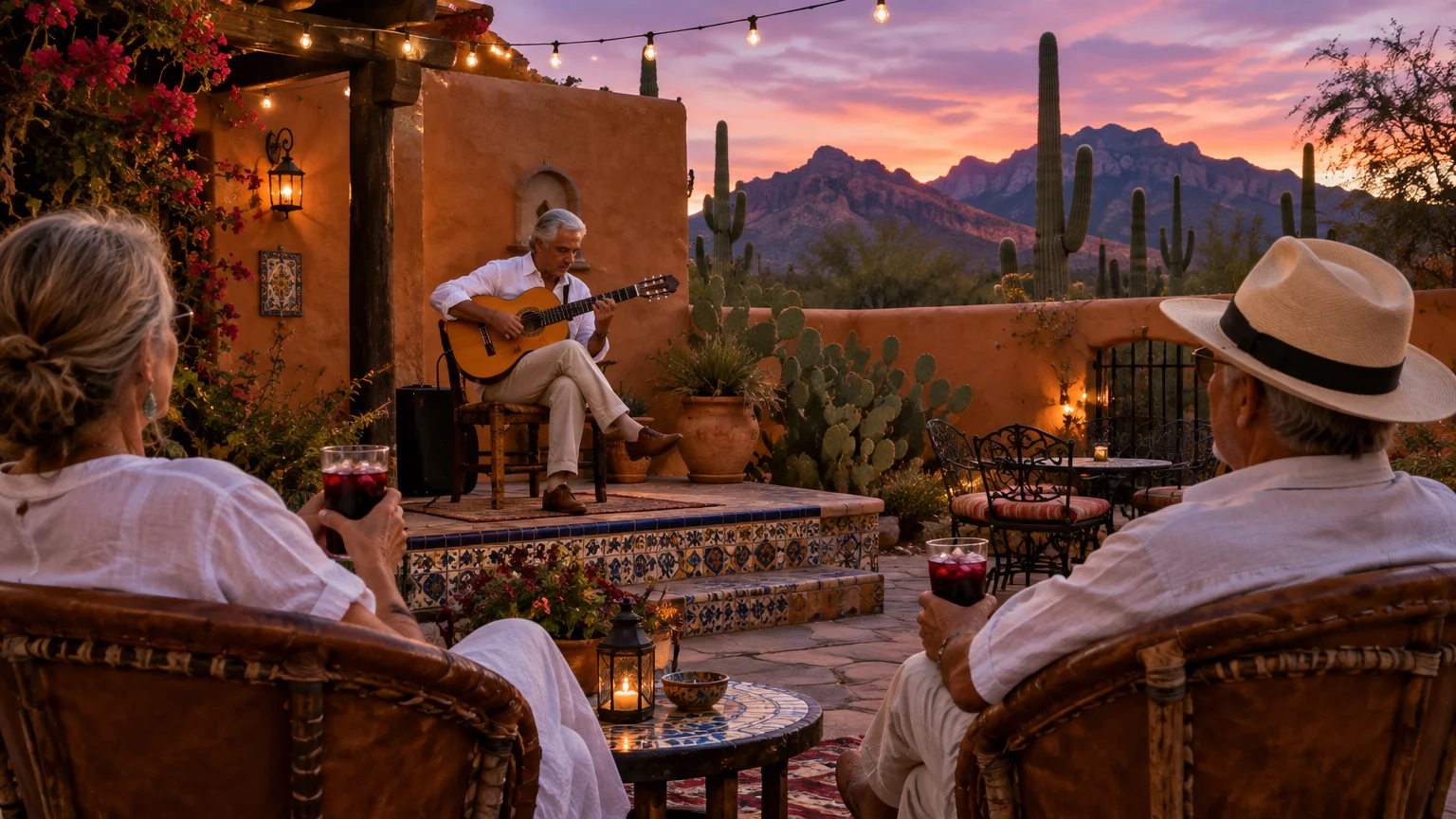 A couple on an outdoor patio watches a man play acoustic guitar at sunset with desert mountains and saguaro cacti behind.