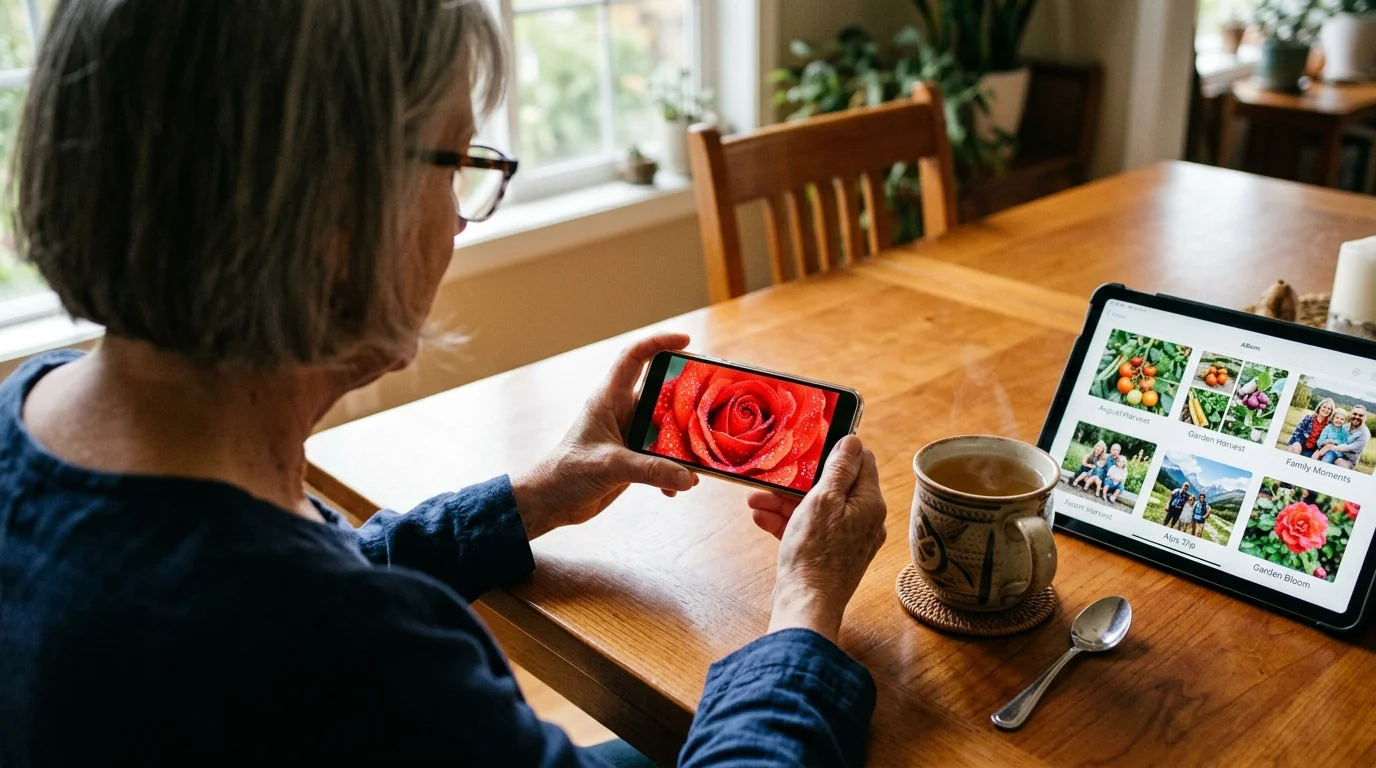 A person holding a smartphone showing a close-up photo of a red flower next to a tablet displaying photo albums.