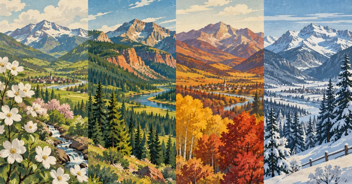 Four-panel illustration of the same alpine mountain valley depicted across spring, summer, autumn, and winter.