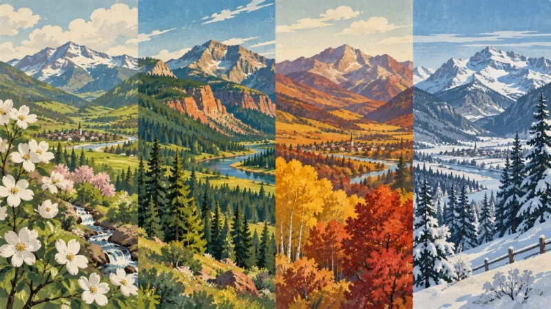 Four-panel illustration of the same alpine mountain valley depicted across spring, summer, autumn, and winter.