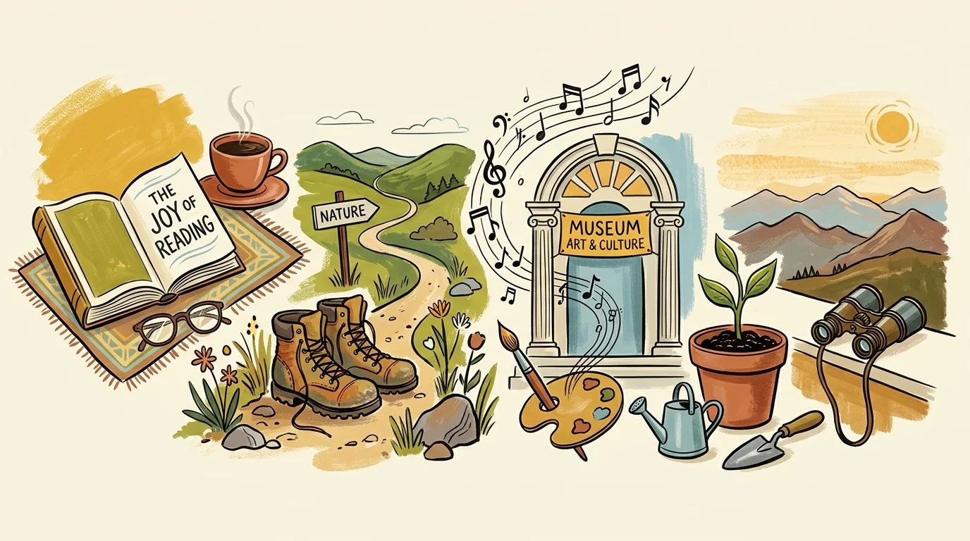 Vignettes showing a book and coffee, hiking trail and boots, a museum with music notes, gardening tools, and binoculars.