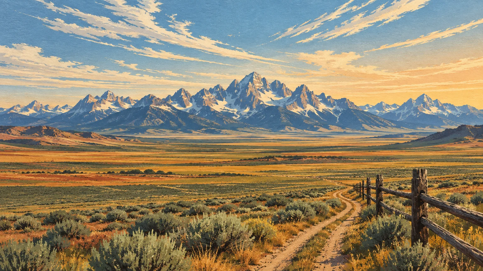 Illustration of a dirt path and wooden fence winding through sagebrush fields toward rugged, snowcapped mountains.