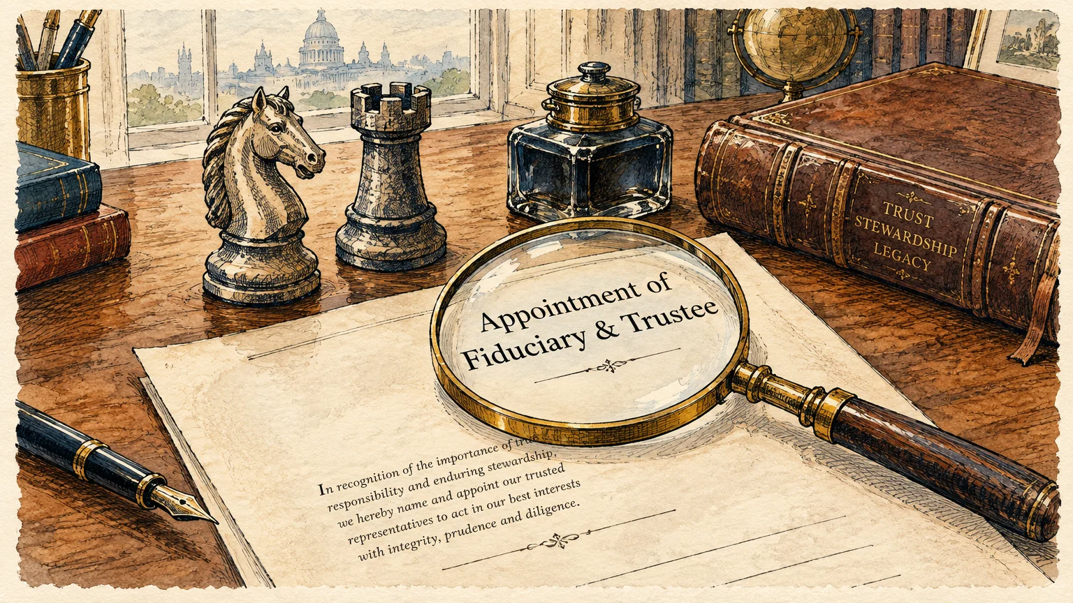 Illustration of a desk with a magnifying glass over an estate document, chess pieces, an inkwell, and books.