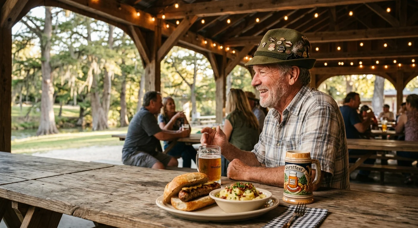A smiling man in a traditional German alpine hat sits at a wooden picnic table with sausage, potato salad, and beer.