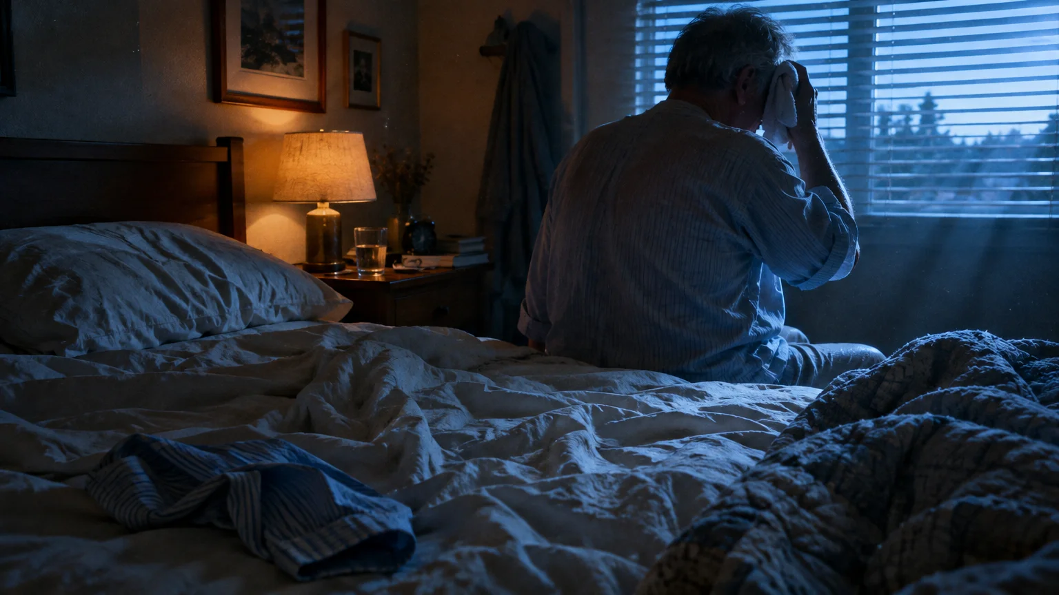 A man sitting on a rumpled bed wipes his forehead with a cloth beside a window with blinds in a dim bedroom.